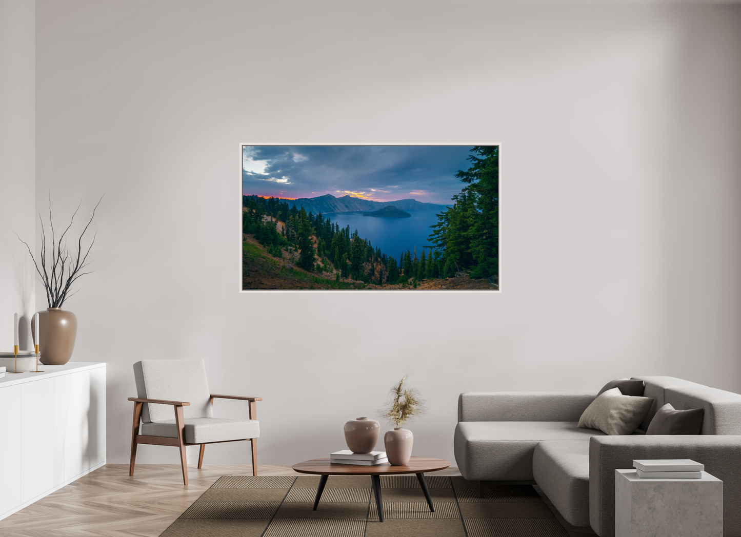 176 x 99 cm, White Frame Crater Lake After Sunset