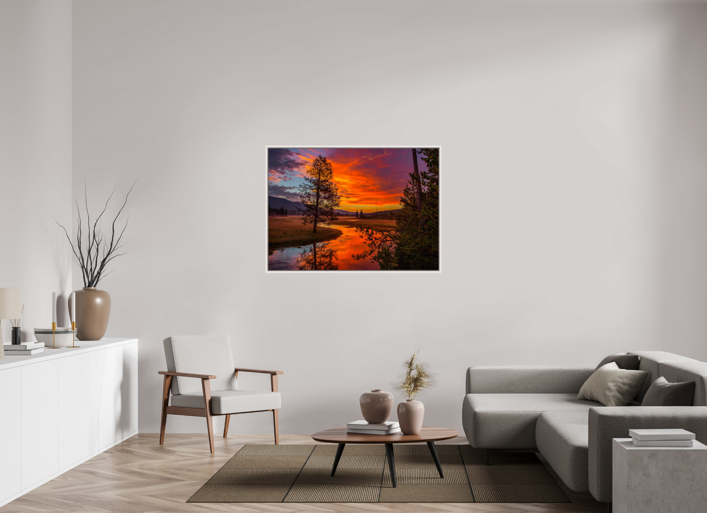 126 x 90 cm, White Frame Yellowstone Sunrise