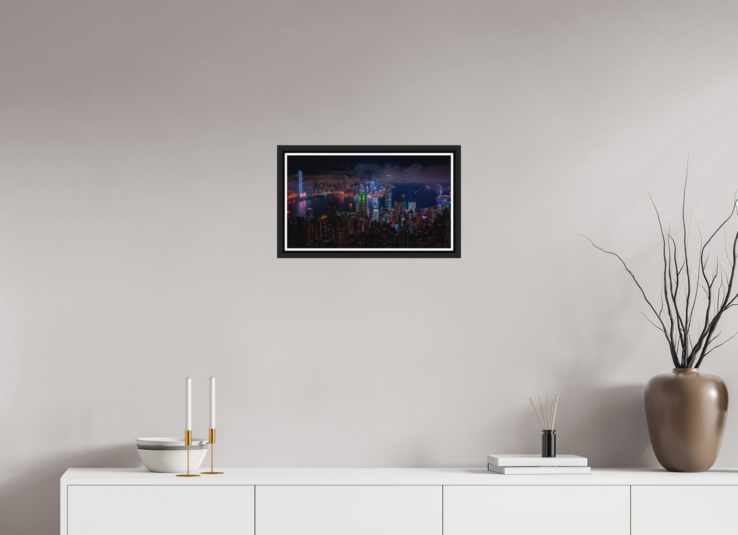 48 x 27 cm, Matt Black Frame Hong Kong Skyline from Victoria Peak