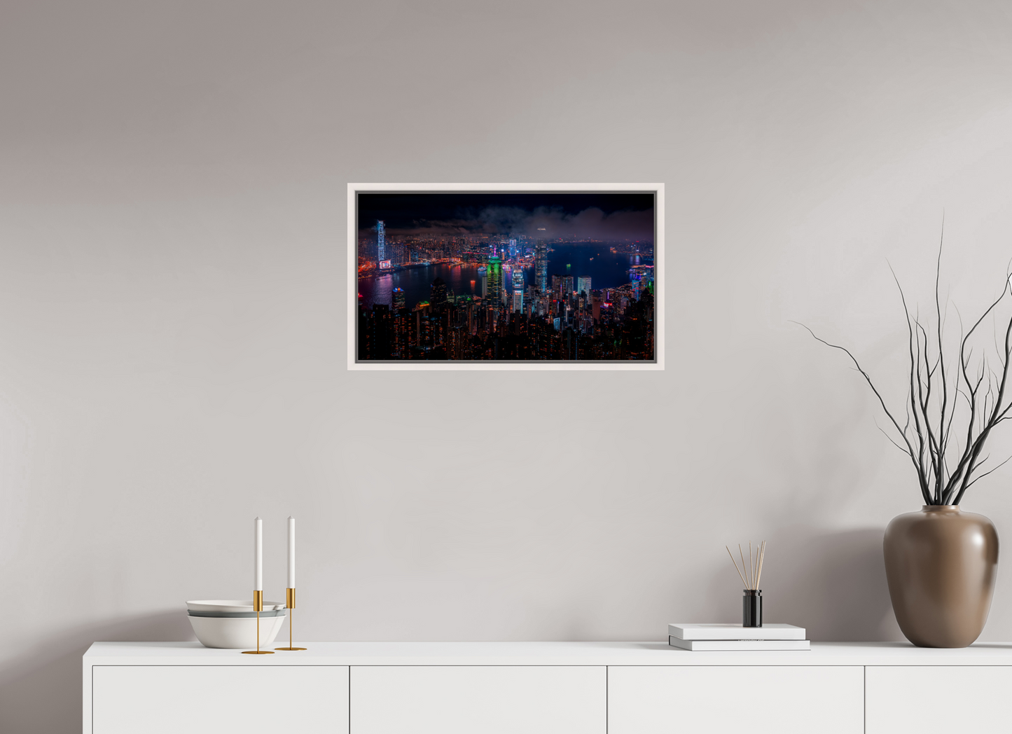 64 x 36 cm, White Frame Hong Kong Skyline from Victoria Peak