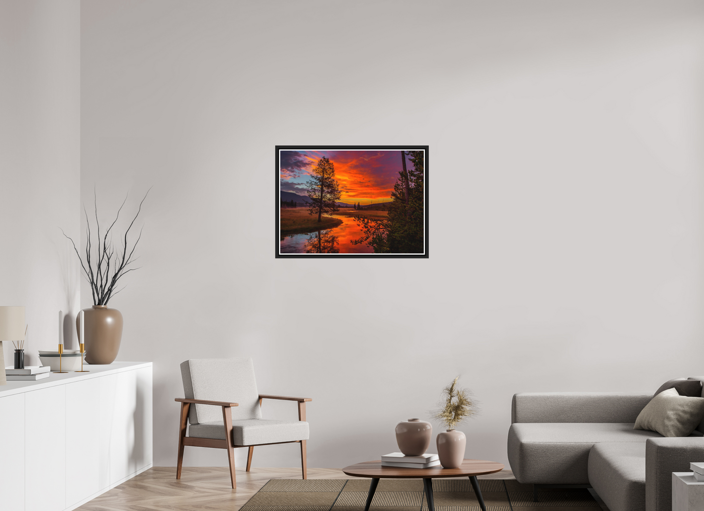 84 x 60 cm, Matt Black Frame Yellowstone Sunrise