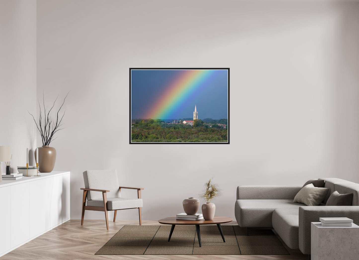140 x 105 cm, Matt Black Frame Church and rainbow