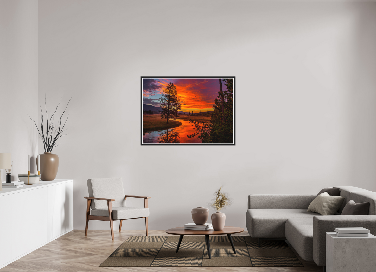 126 x 90 cm, Matt Black Frame Yellowstone Sunrise