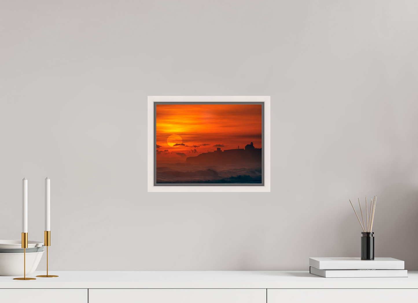 28 x 21 cm, White Frame January Sunrise. Seaton Sluice
