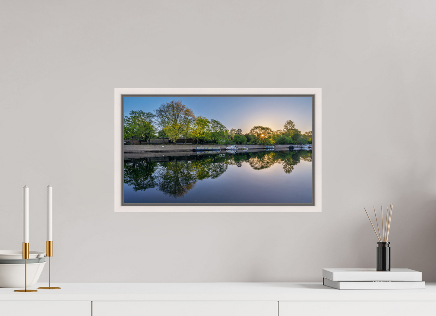48 x 27 cm, White Frame April Dawn on the Ouse, York