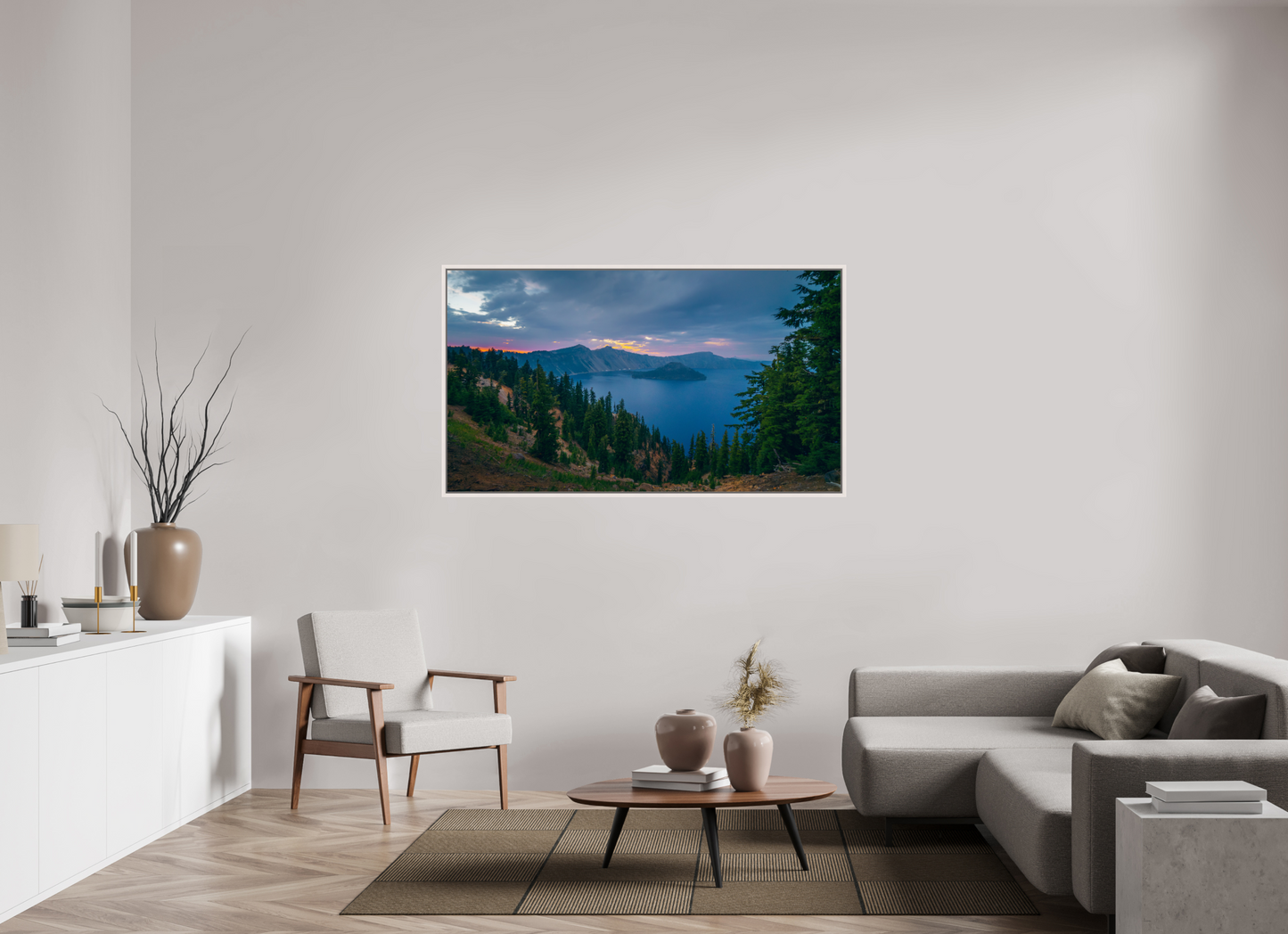 160 x 90 cm, White Frame Crater Lake After Sunset