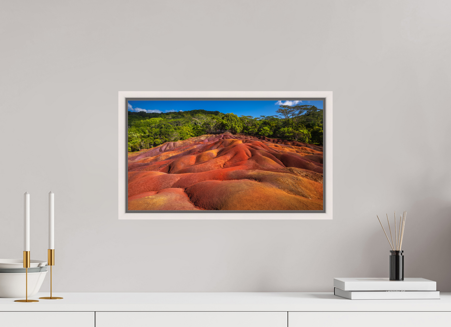 48 x 27 cm, White Frame Chamarel 7 coloured Earths Geopark
