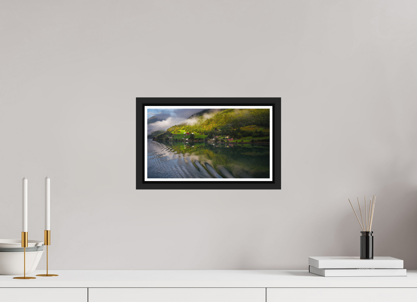 32 x 18 cm, Matt Black Frame Lustrafjord morning