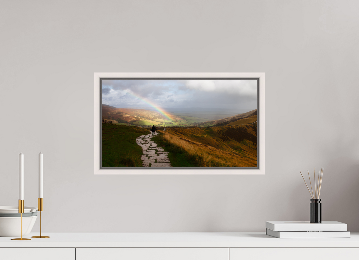 48 x 27 cm, White Frame Castleton after the rain