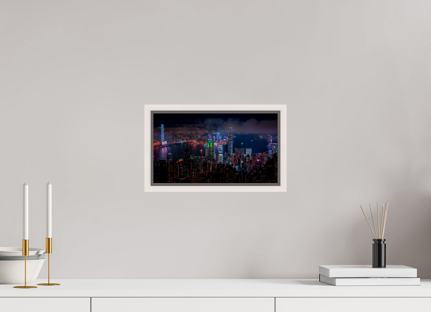 32 x 18 cm, White Frame Hong Kong Skyline from Victoria Peak