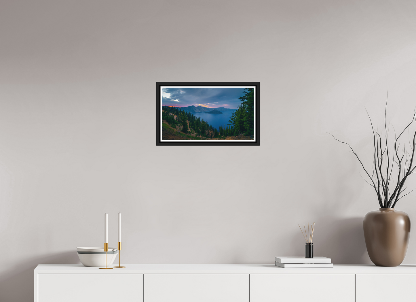 48 x 27 cm, Matt Black Frame Crater Lake After Sunset