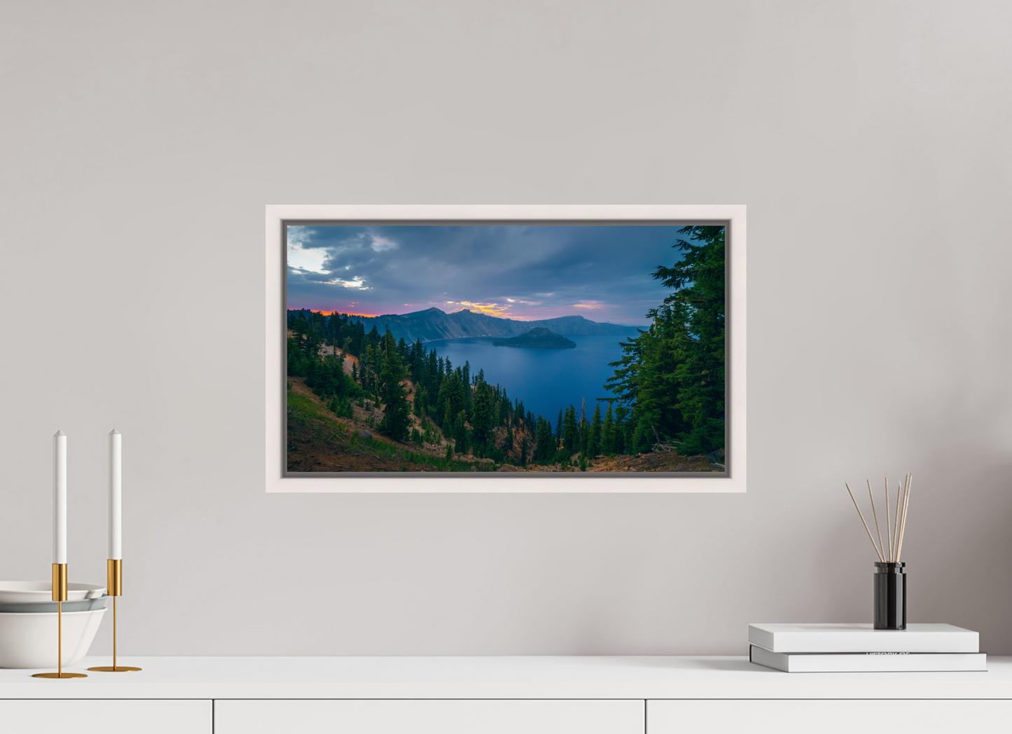48 x 27 cm, White Frame Crater Lake After Sunset