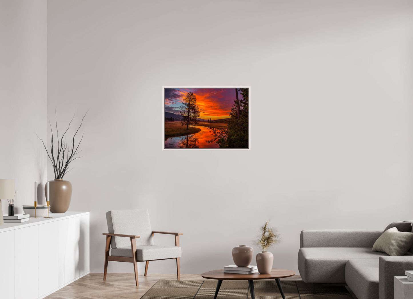 84 x 60 cm, White Frame Yellowstone Sunrise