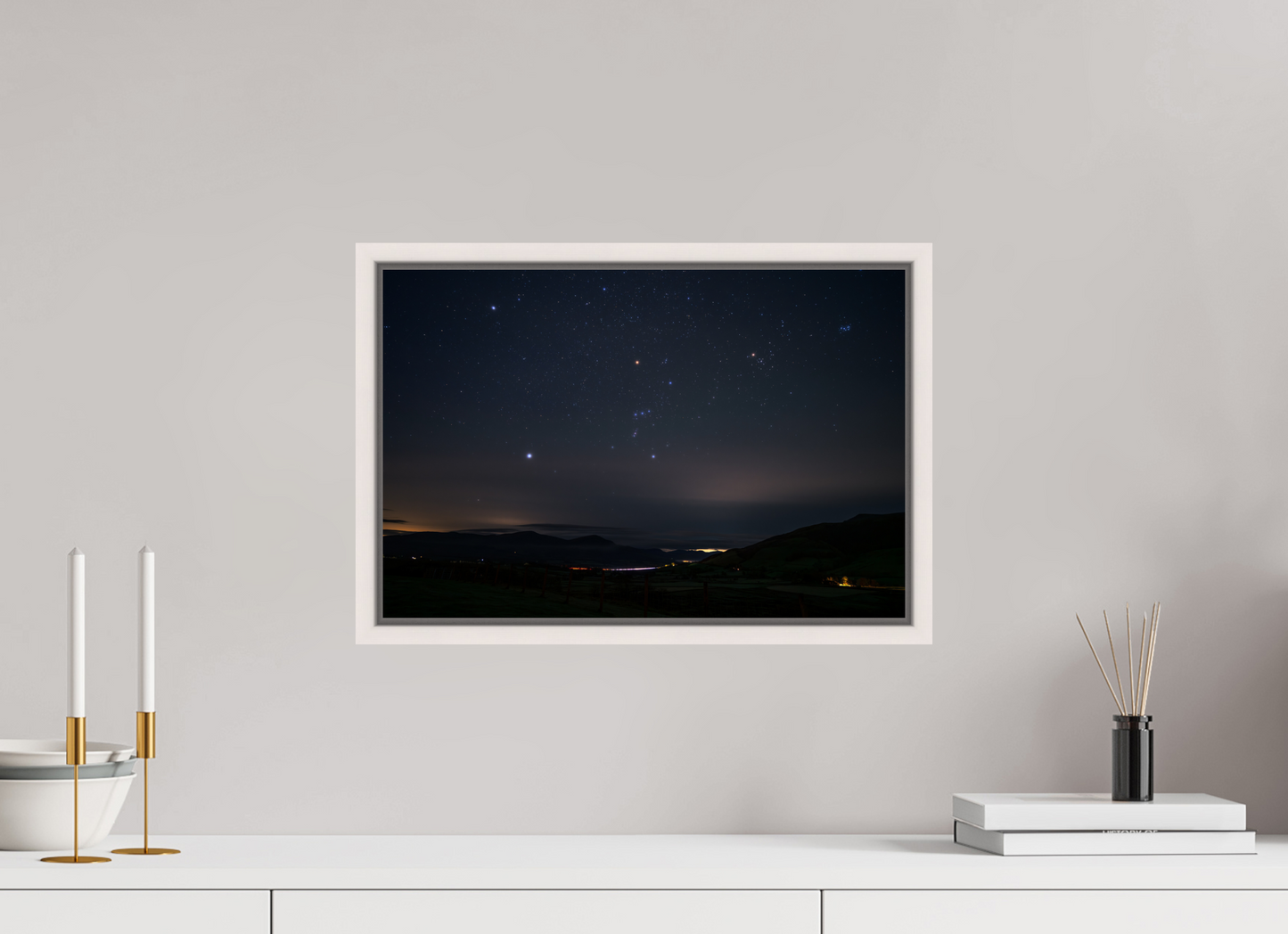 45 x 30 cm, White Frame Winter Stars over Keswick