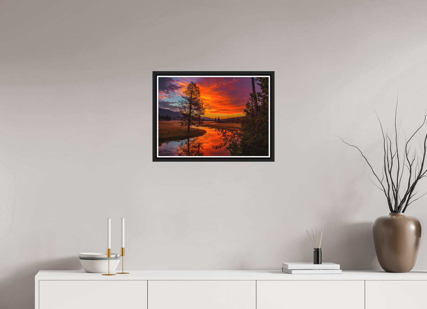 56 x 40 cm, Matt Black Frame Yellowstone Sunrise