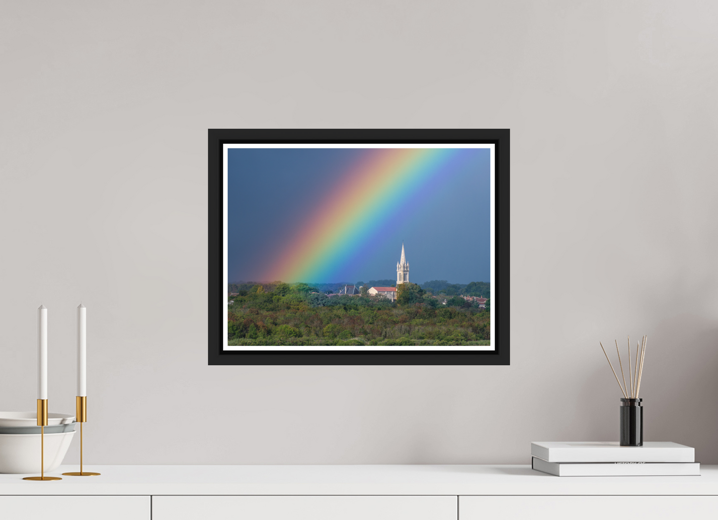 40 x 30 cm, Matt Black Frame Church and rainbow