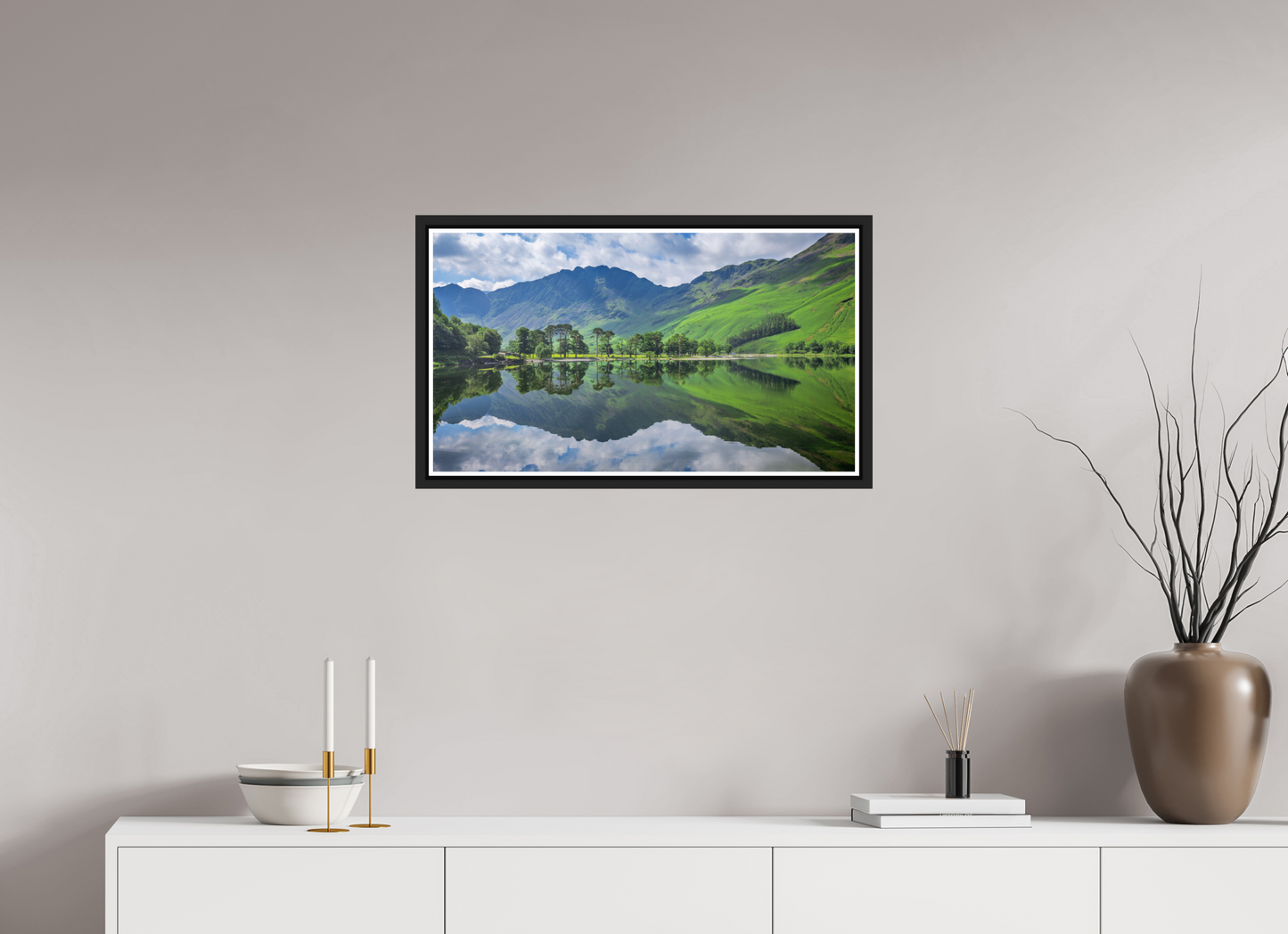 71.1 x 40 cm, Matt Black Frame Buttermere Summer reflections