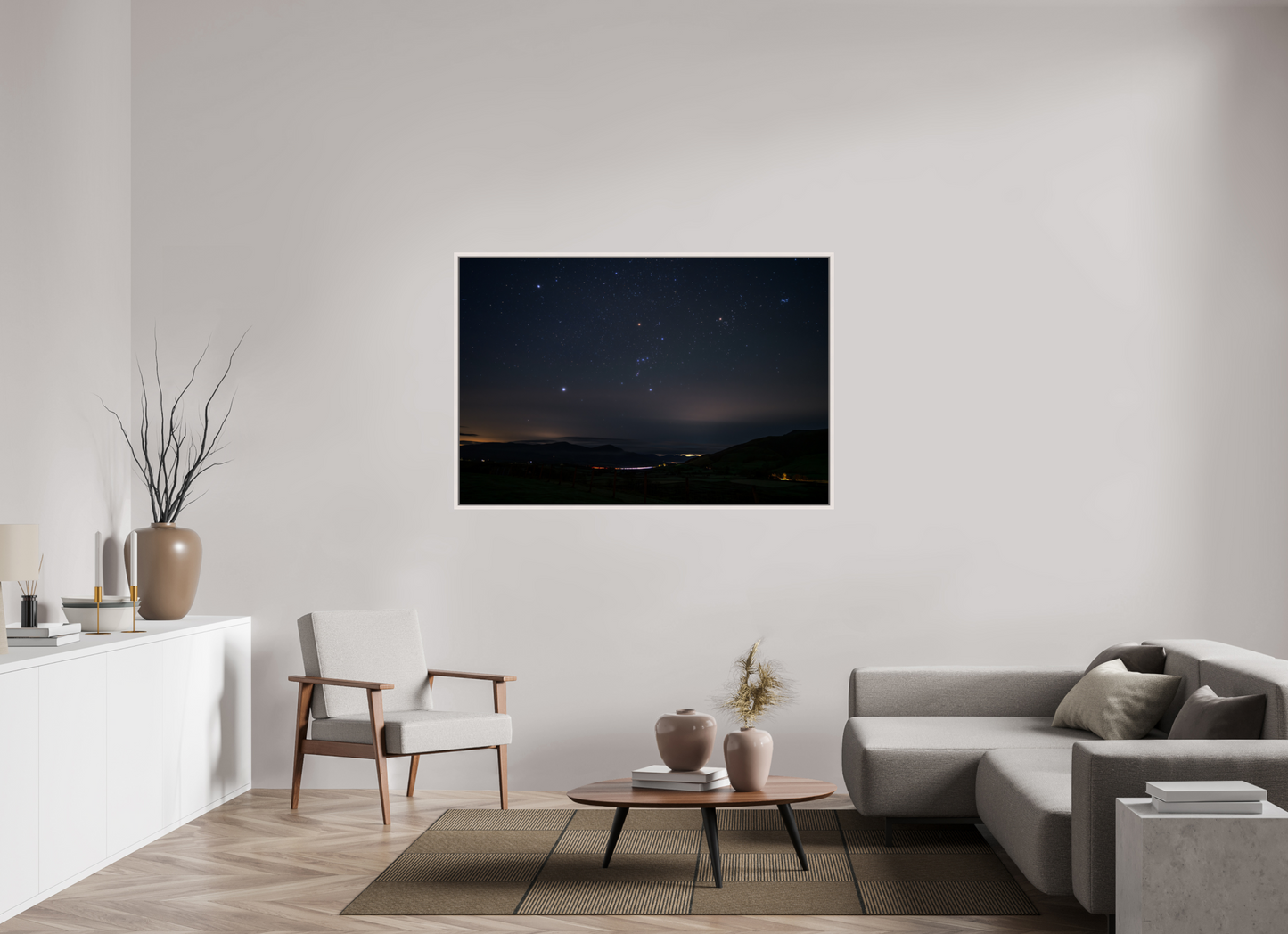 150 x 100 cm, White Frame Winter Stars over Keswick
