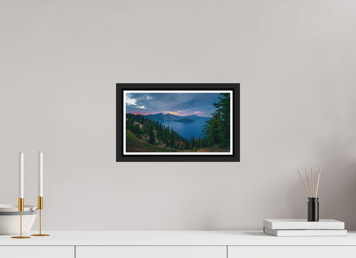 32 x 18 cm, Matt Black Frame Crater Lake After Sunset