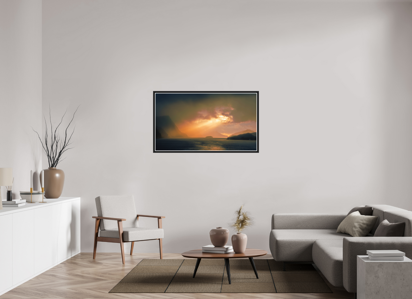 128 x 72 cm, Matt Black Frame Olden Sunset