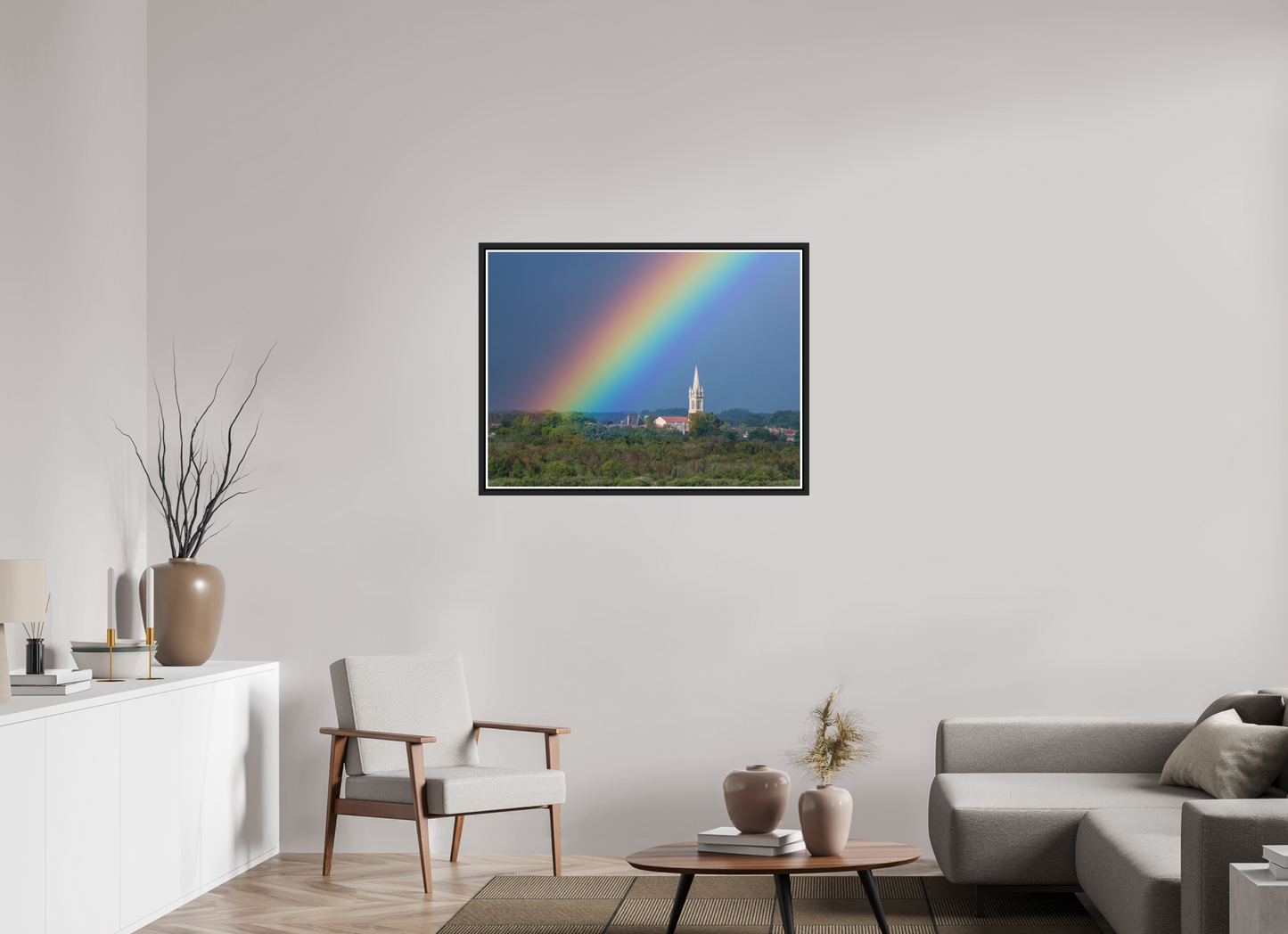 100 x 75 cm, Matt Black Frame Church and rainbow