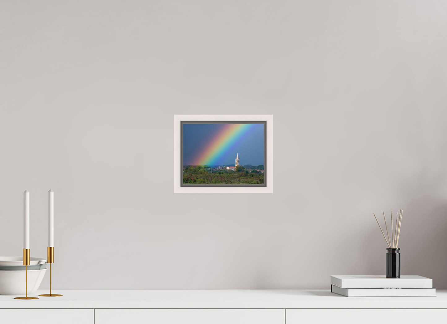 20 x 15 cm, White Frame Church and rainbow
