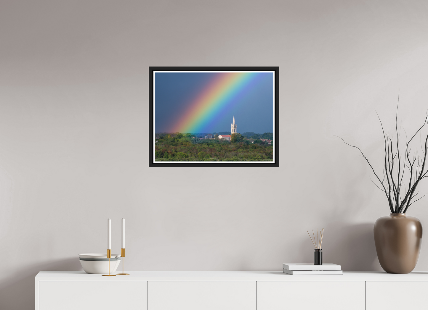 60 x 45 cm, Matt Black Frame Church and rainbow