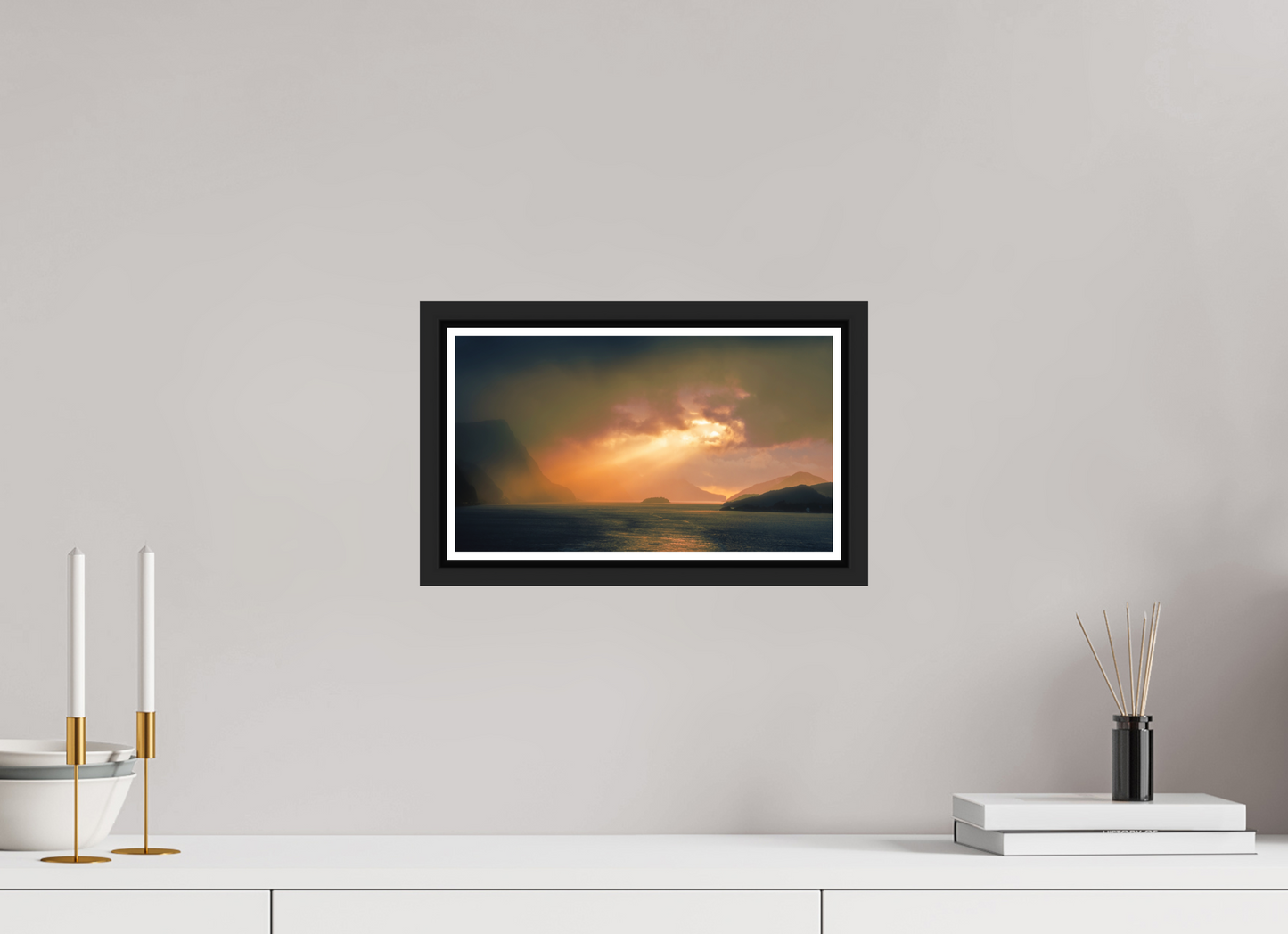 32 x 18 cm, Matt Black Frame Olden Sunset