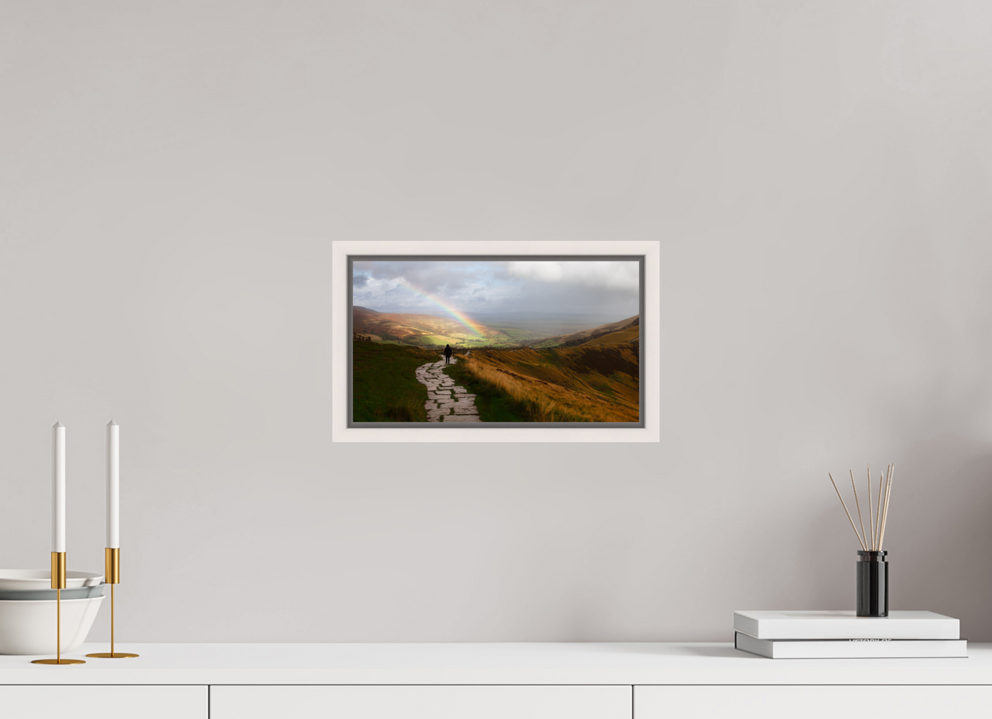 32 x 18 cm, White Frame Castleton after the rain