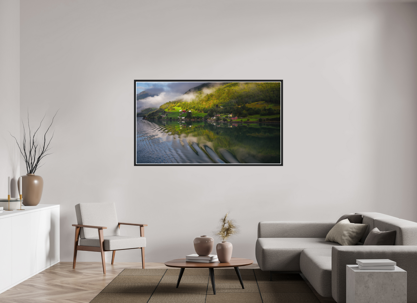 176 x 99 cm, Matt Black Frame Lustrafjord morning