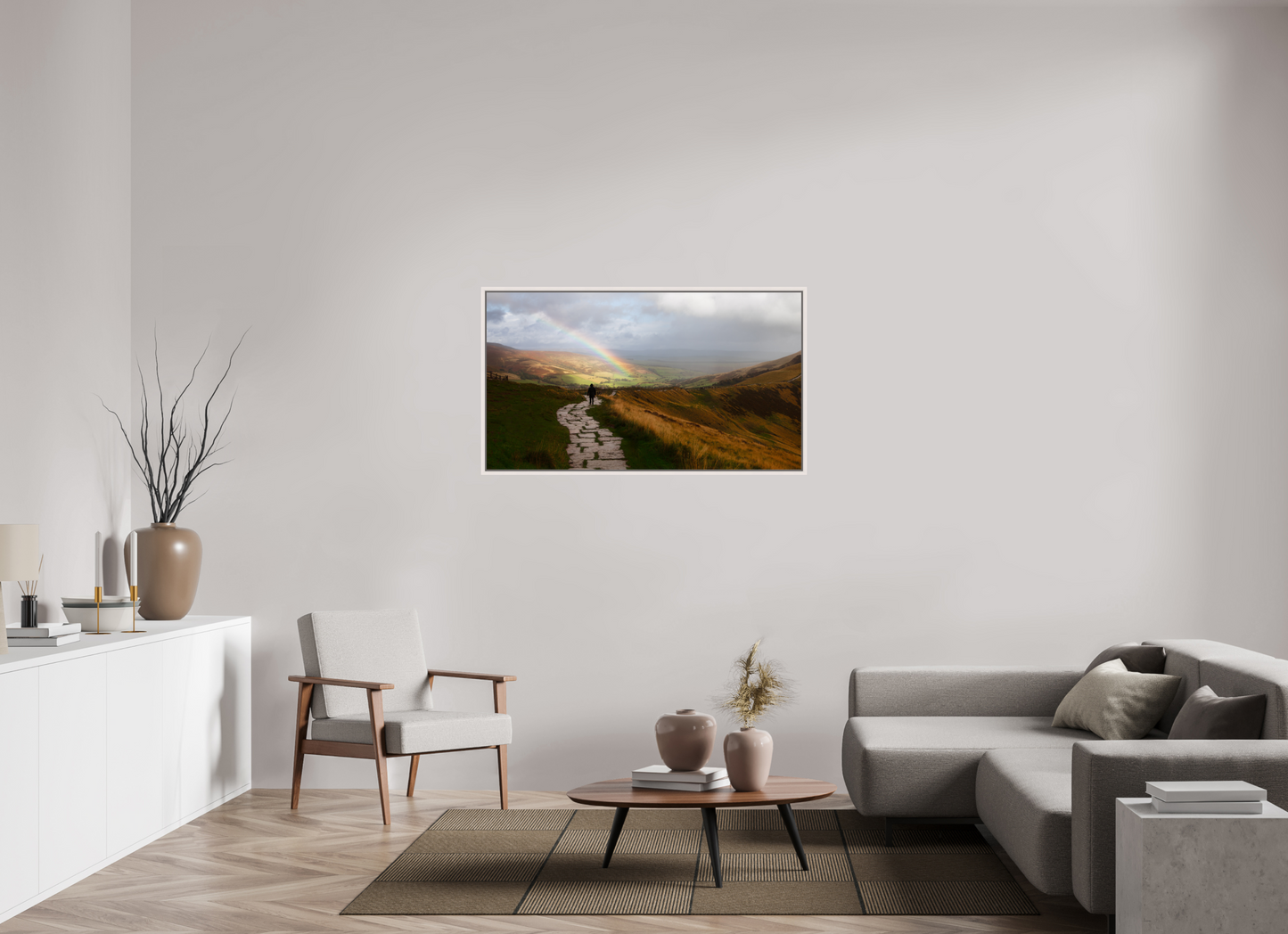 128 x 72 cm, White Frame Castleton after the rain