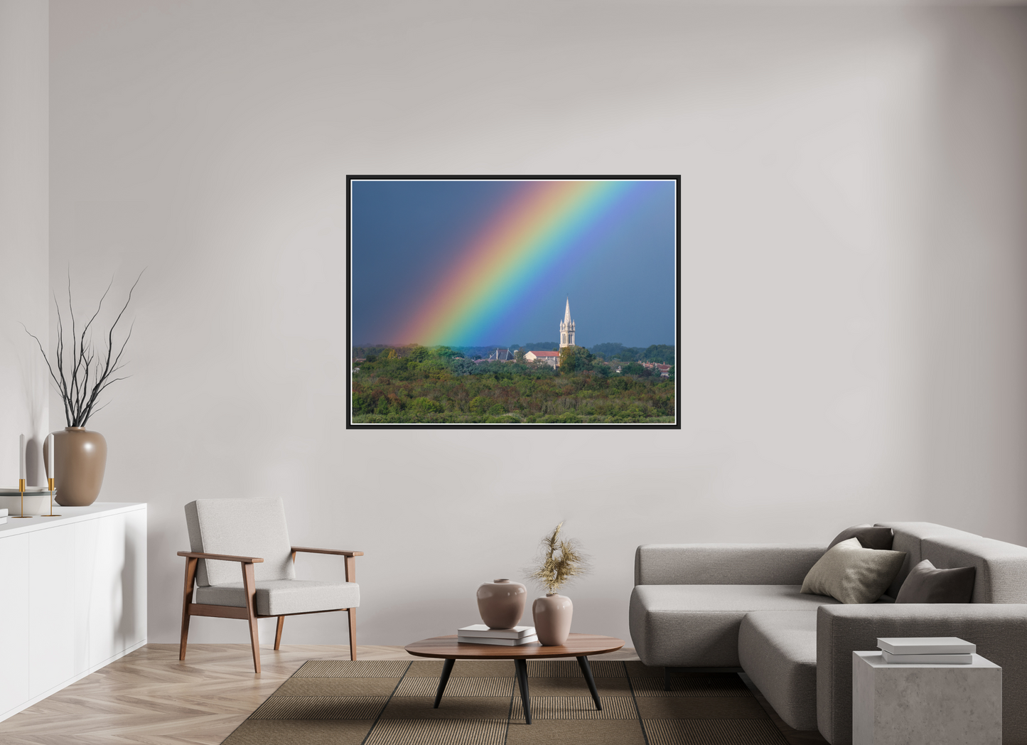 160 x 120 cm, Matt Black Frame Church and rainbow