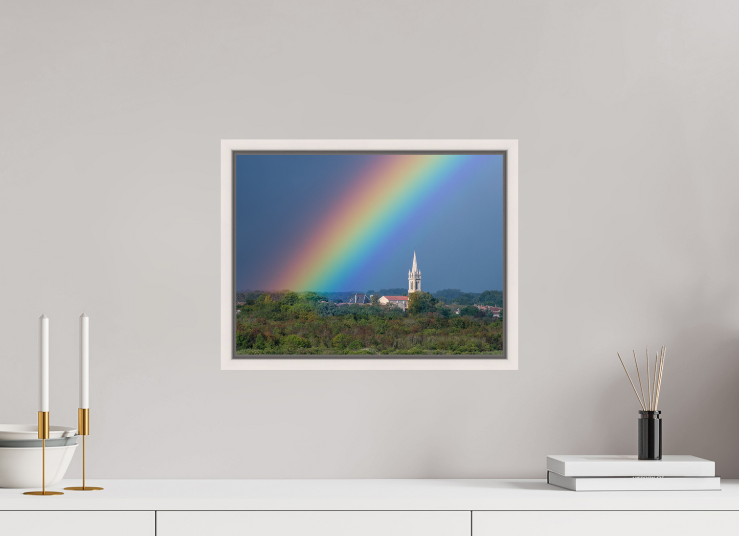 40 x 30 cm, White Frame Church and rainbow