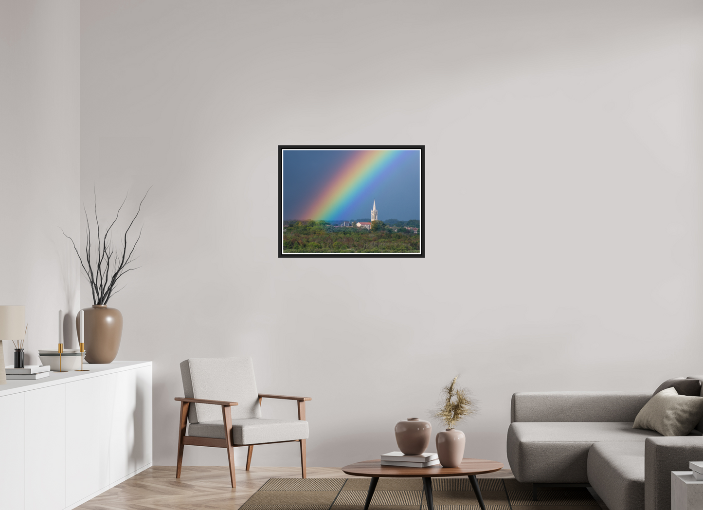 80 x 60 cm, Matt Black Frame Church and rainbow