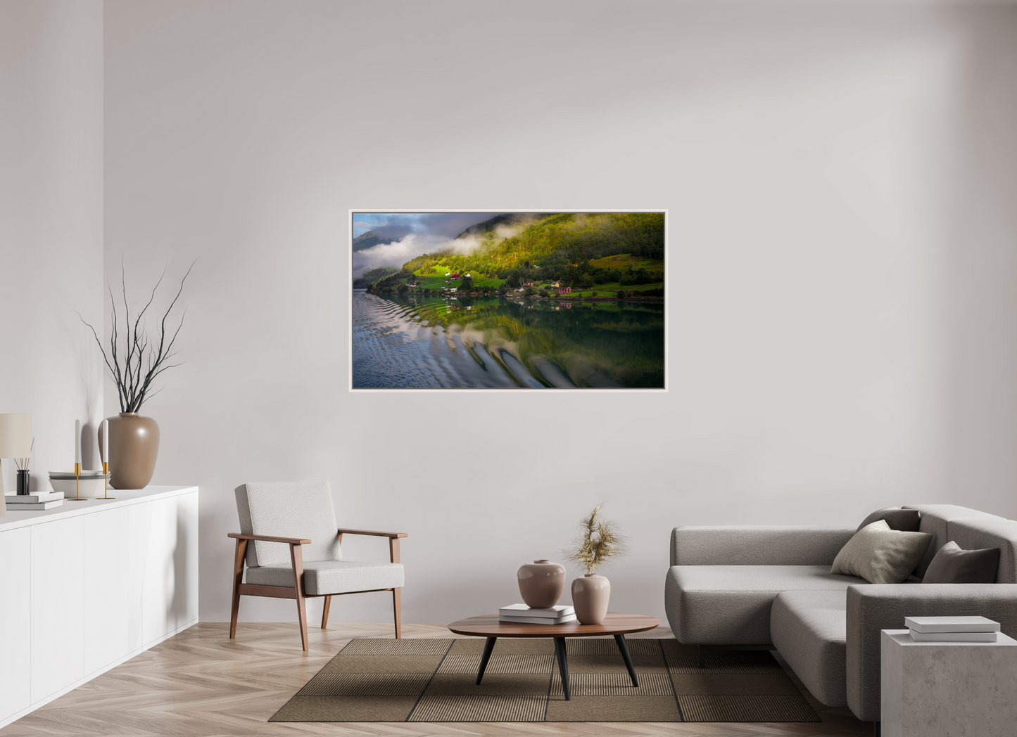 160 x 90 cm, White Frame Lustrafjord morning