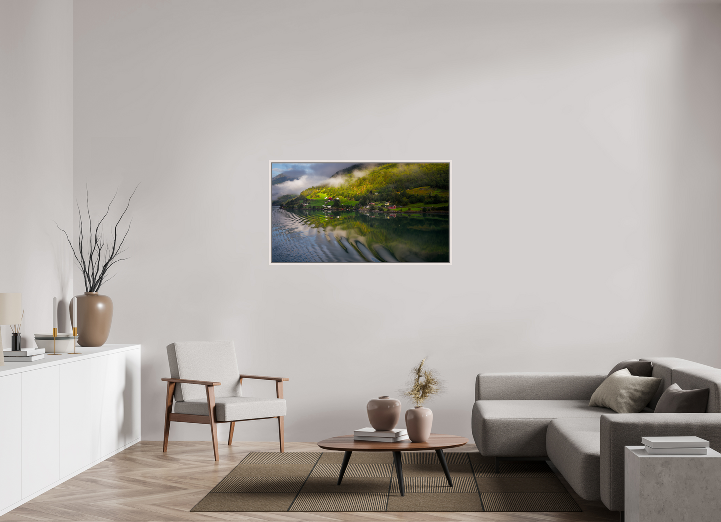 128 x 72 cm, White Frame Lustrafjord morning