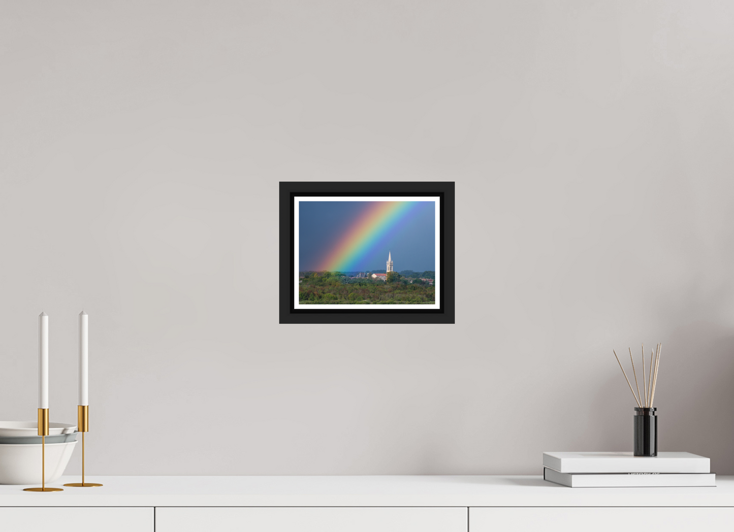 20 x 15 cm, Matt Black Frame Church and rainbow