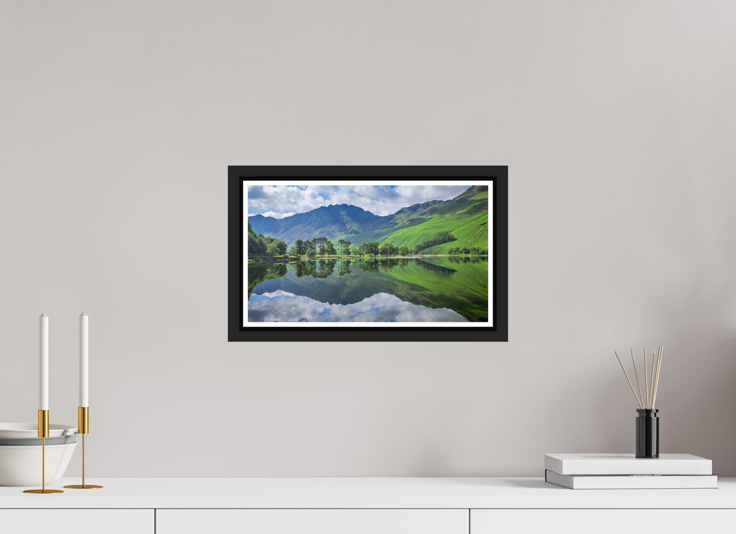 35.6 x 20 cm, Matt Black Frame Buttermere Summer reflections