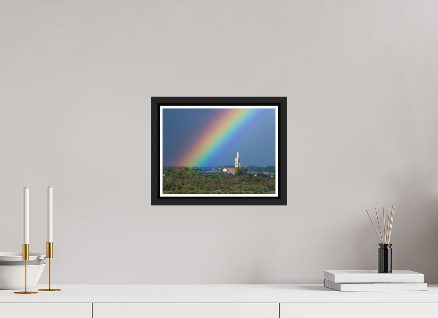 28 x 21 cm, Matt Black Frame Church and rainbow