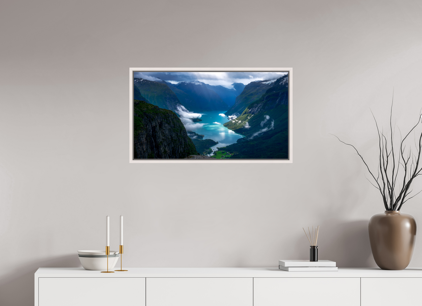 80 x 45 cm, White Frame Lovatnet Lake