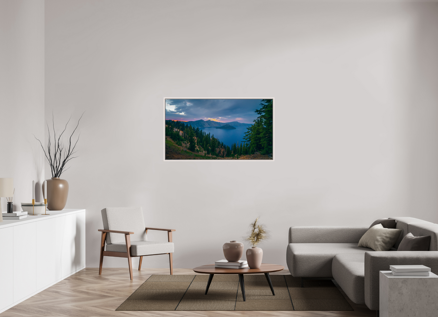 128 x 72 cm, White Frame Crater Lake After Sunset