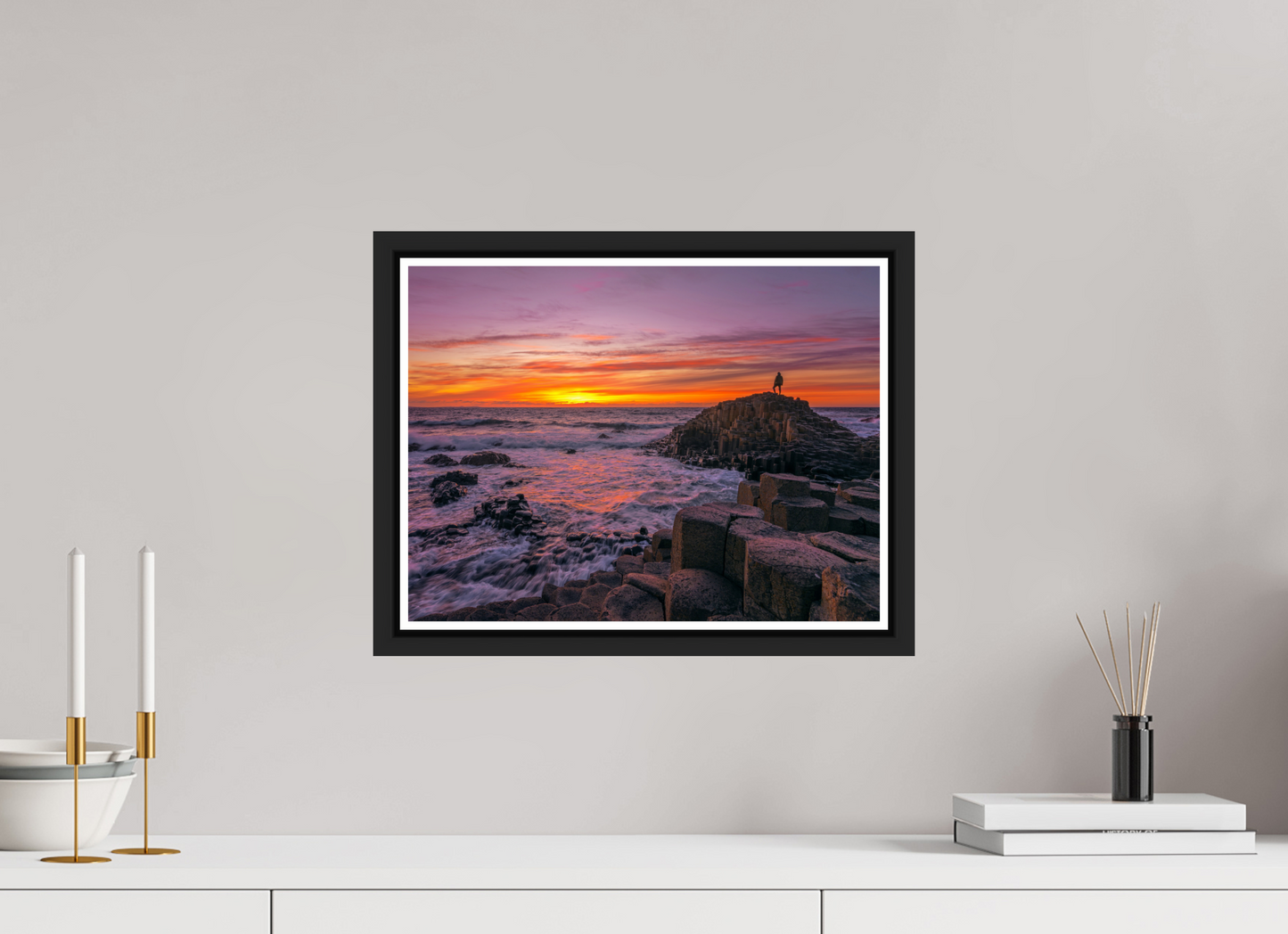 40 x 30 cm, Matt Black Frame Sunset at the Giants Causeway