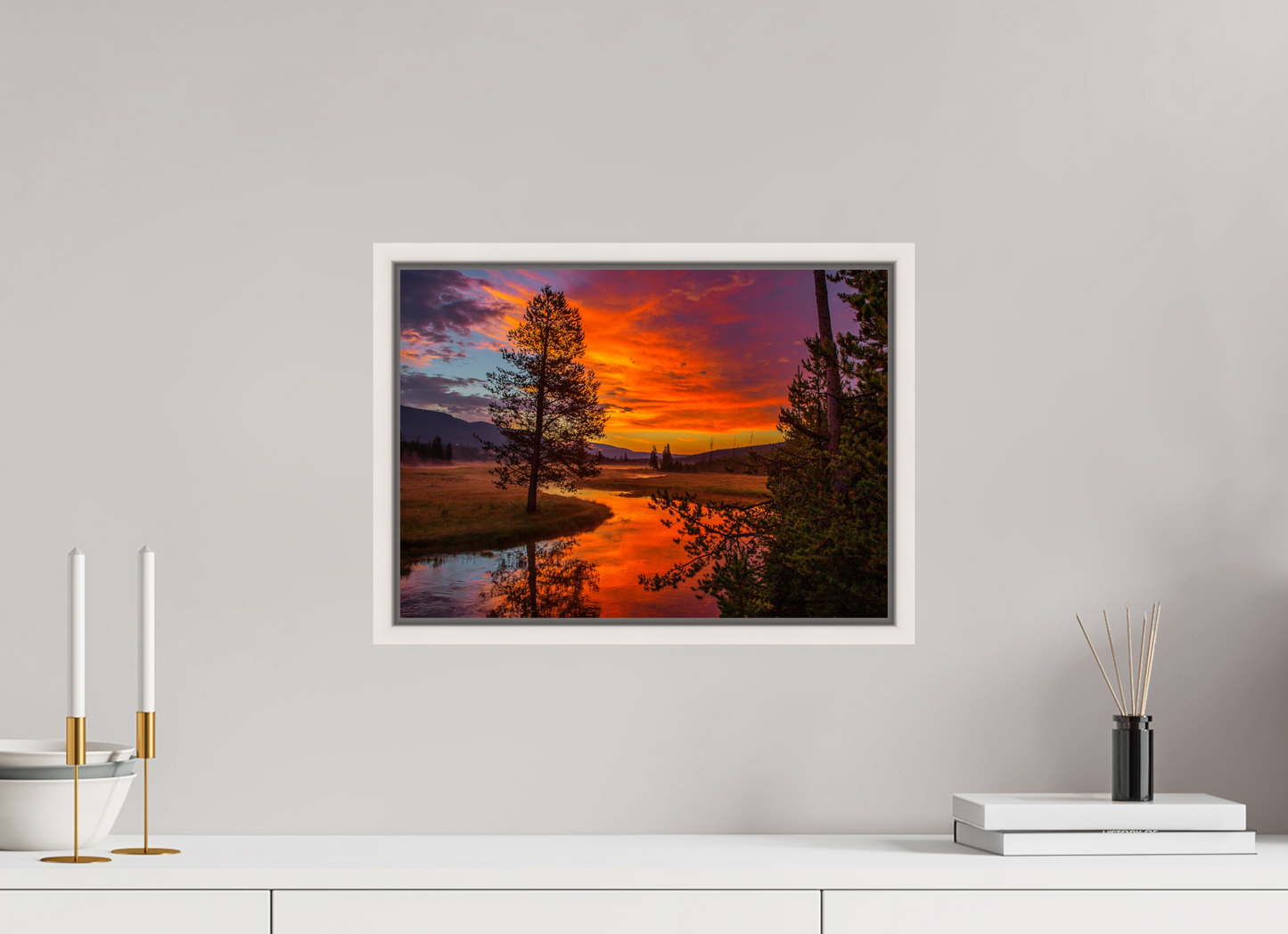 42 x 30 cm, White Frame Yellowstone Sunrise