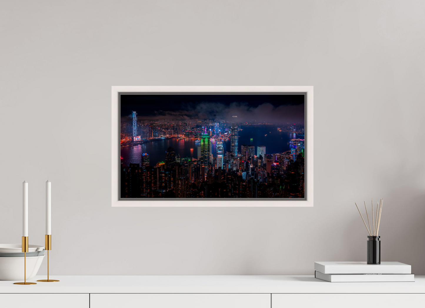 48 x 27 cm, White Frame Hong Kong Skyline from Victoria Peak