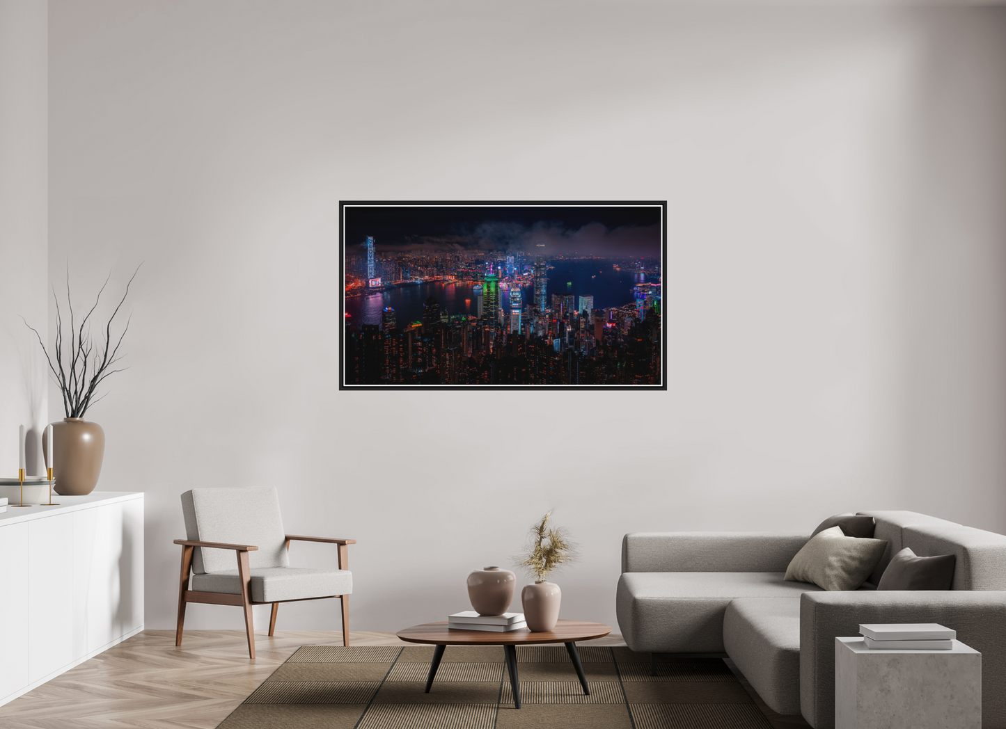 160 x 90 cm, Matt Black Frame Hong Kong Skyline from Victoria Peak