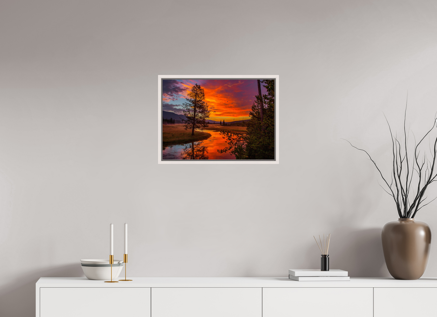 56 x 40 cm, White Frame Yellowstone Sunrise