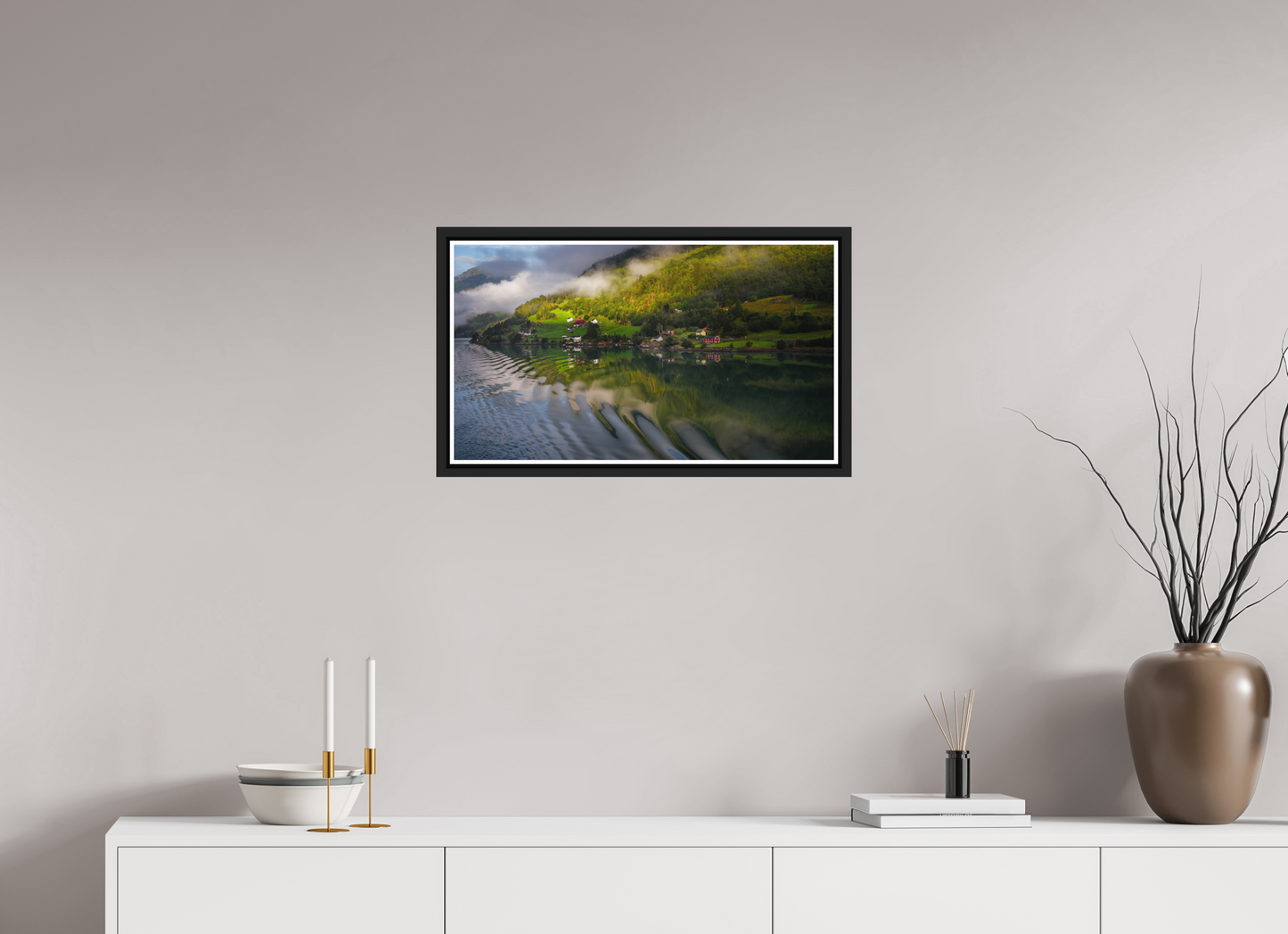 64 x 36 cm, Matt Black Frame Lustrafjord morning