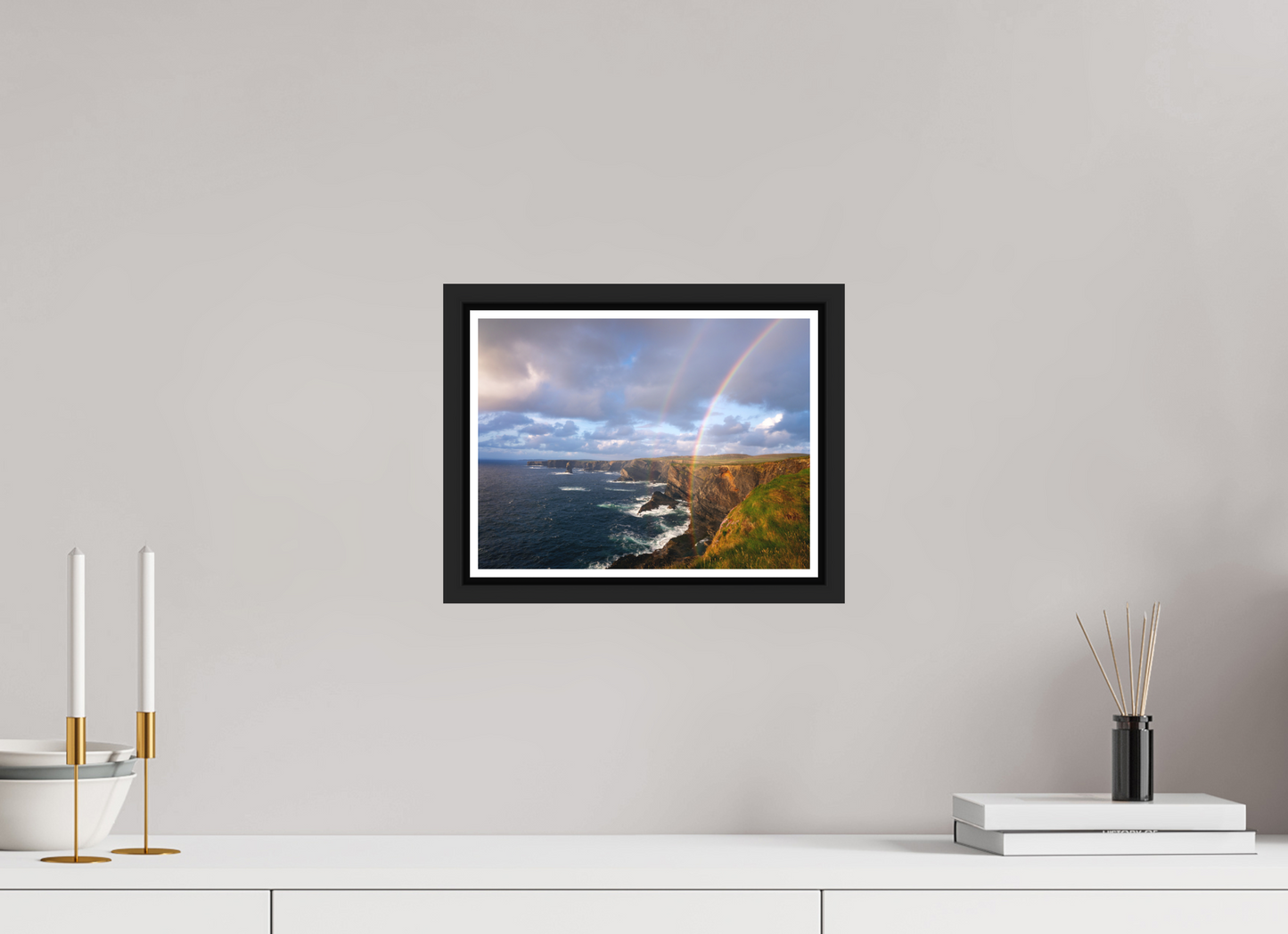 28 x 21 cm, Matt Black Frame Kilkee Cliffs rainbow