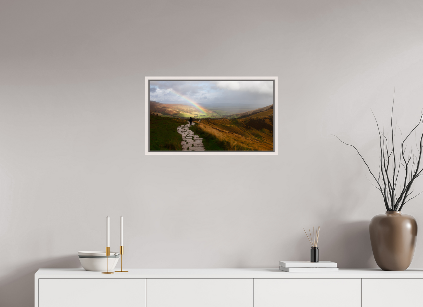 64 x 36 cm, White Frame Castleton after the rain