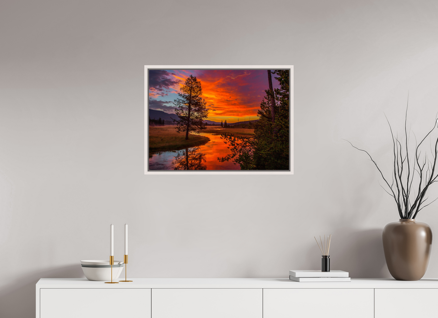 70 x 50 cm, White Frame Yellowstone Sunrise
